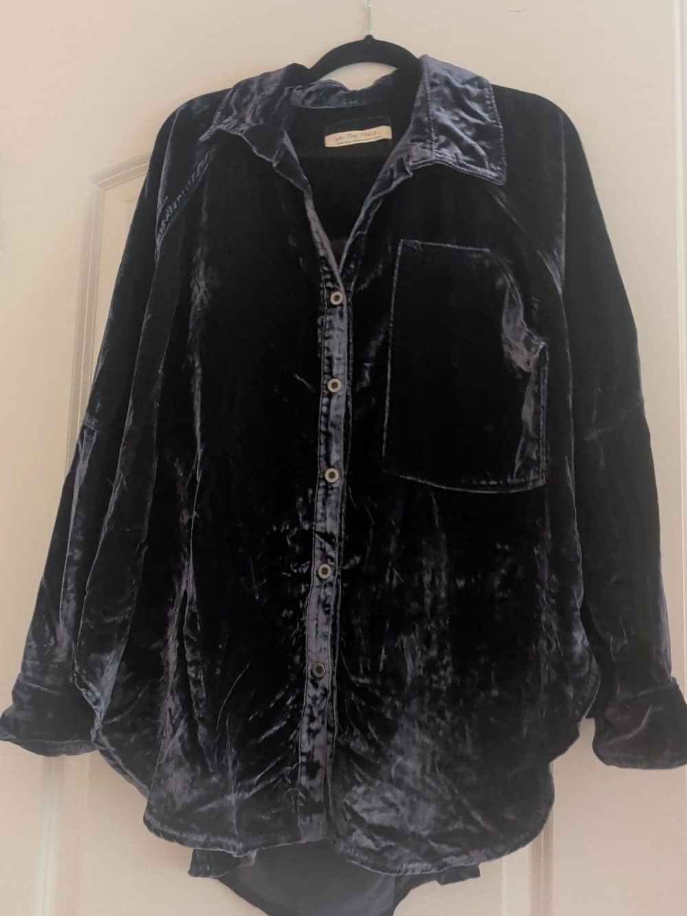 We The Free Free People Velvet Button Down Shirt Navy Blue Size Large